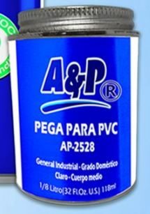 Pega para PVC A&P AP-2528 en presentaciones de 1/8, 1/4, 1/2 y 1 litro